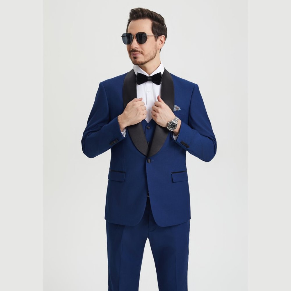 Stacy Adams 3pc Mens Tuxedo Hybrid Fit Shawl Lapel, Blue - Picture 2 of 5